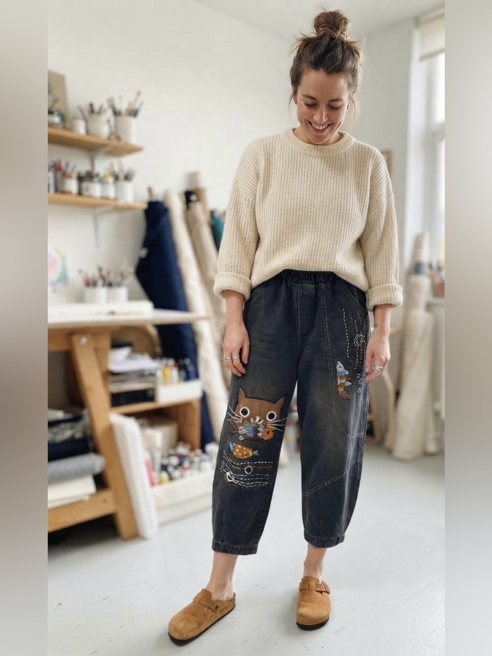 Bohemian Cat Fish Embroidery Linen Jogger Pants Antique Brown Small S - Picture 2 of 7